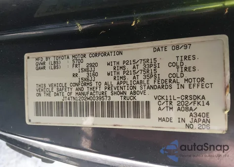 1998 Toyota T100 Dx V6 из США, поврежденный, VIN JT4TN12D2W0039573